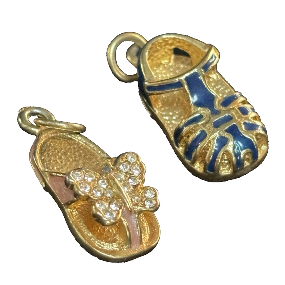 2 Firenza Sandals Charm Pendants Gold Tone & Enamel & Rhinestones Accents 1"x.5"